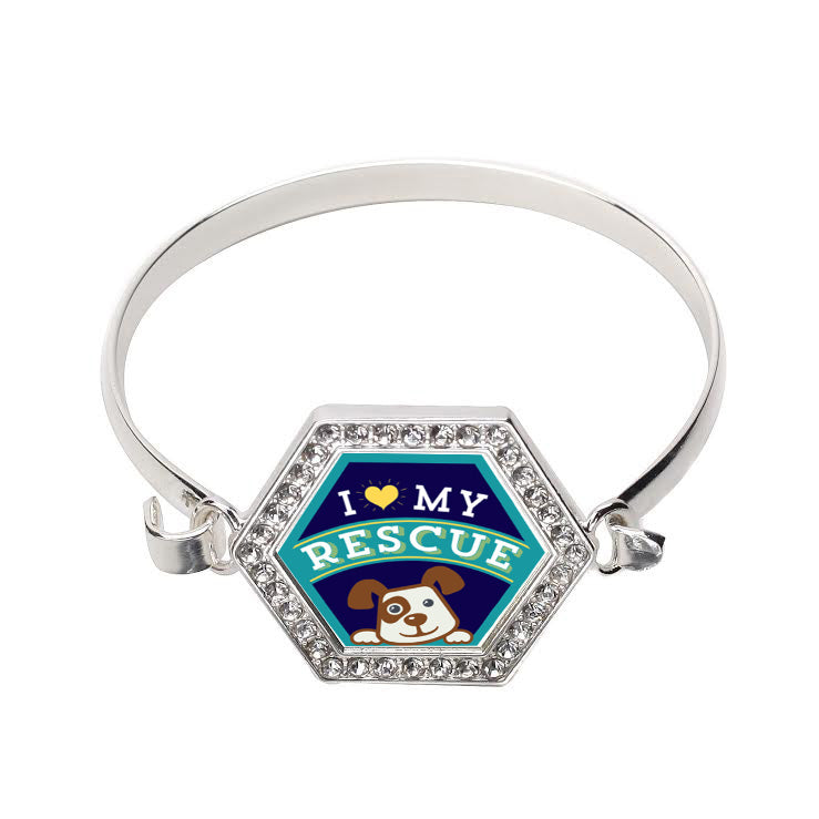 Silver I Love My Rescued Dog Hexagon Charm Bangle Bracelet