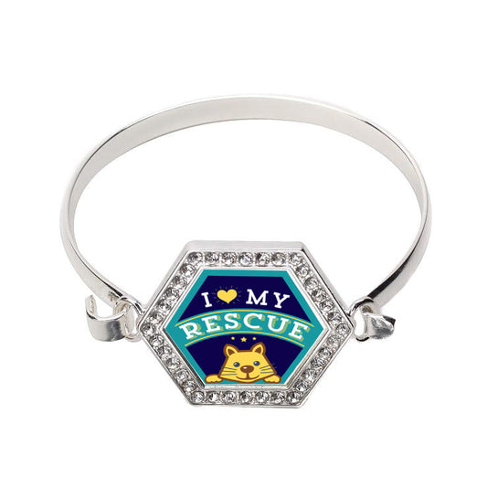 Silver I Love My Rescued Cat Hexagon Charm Bangle Bracelet