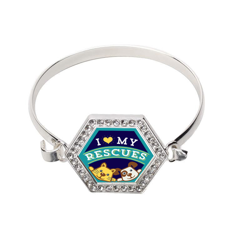 Silver I Love My Rescues Hexagon Charm Bangle Bracelet