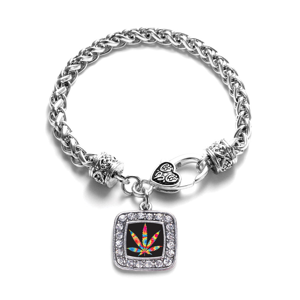 Silver Tie Dye Marijuana Leaf Square Charm Braided Bracelet