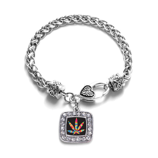 Silver Tie Dye Marijuana Leaf Square Charm Braided Bracelet