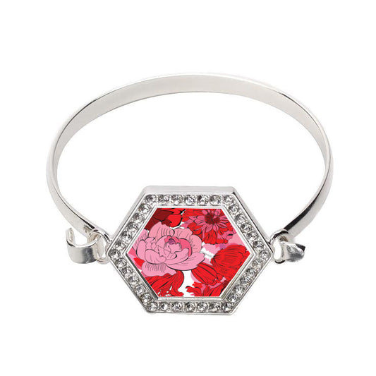 Silver Pink Pheonies Hexagon Charm Bangle Bracelet