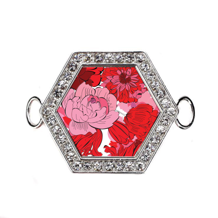 Silver Pink Pheonies Hexagon Charm Bangle Bracelet