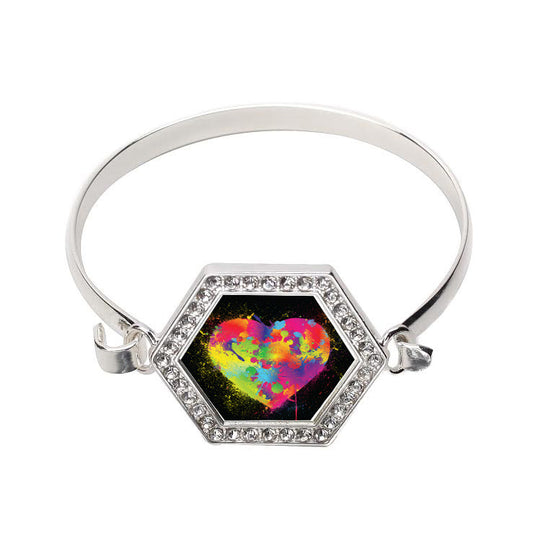 Silver Rainbow Paint Splatter Heart Hexagon Charm Bangle Bracelet