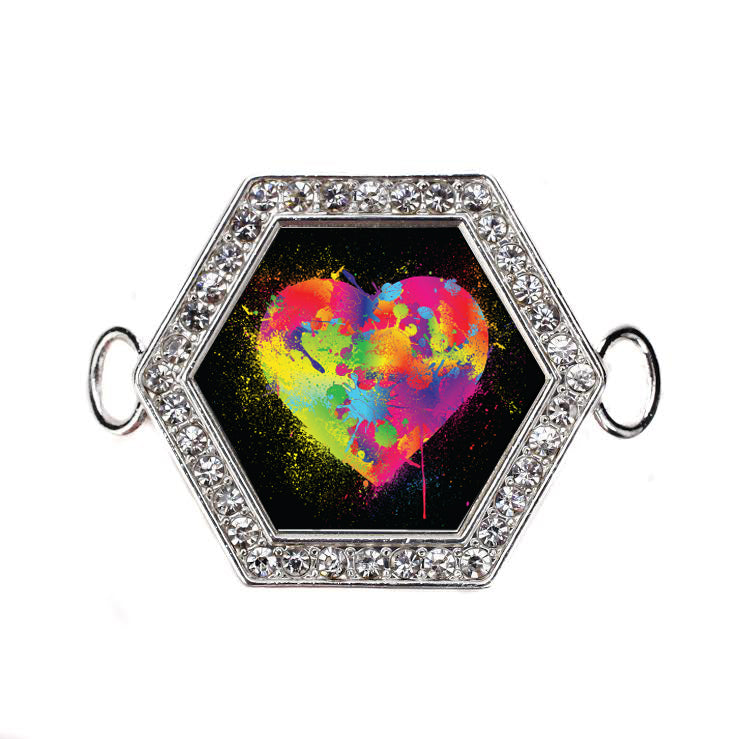 Silver Rainbow Paint Splatter Heart Hexagon Charm Bangle Bracelet