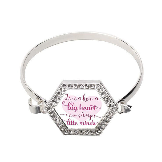 Silver Big Heart Inspirational Hexagon Charm Bangle Bracelet