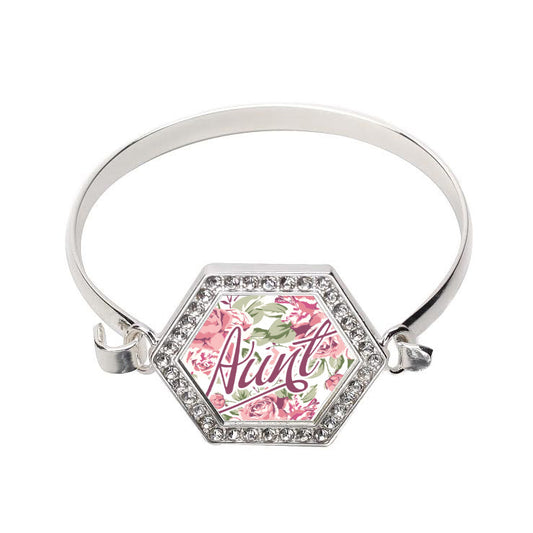 Silver Aunt Floral Hexagon Charm Bangle Bracelet
