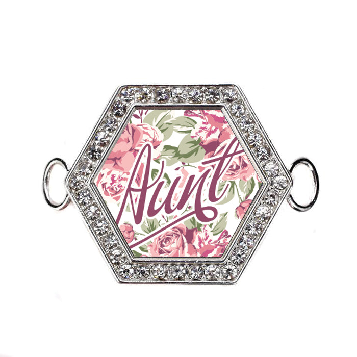 Silver Aunt Floral Hexagon Charm Bangle Bracelet
