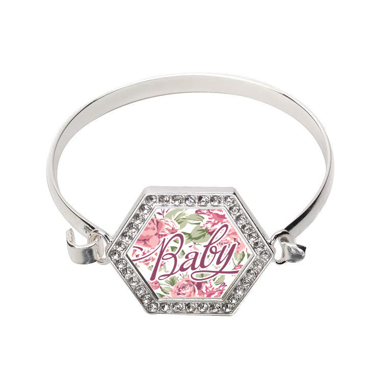 Silver Baby Floral Hexagon Charm Bangle Bracelet