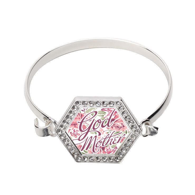 Silver God Mom Floral Hexagon Charm Bangle Bracelet
