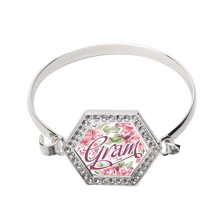 Silver Gram Floral Hexagon Charm Bangle Bracelet