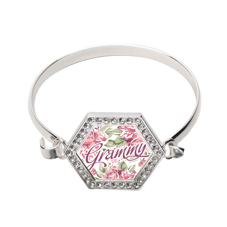 Silver Grammy Floral Hexagon Charm Bangle Bracelet