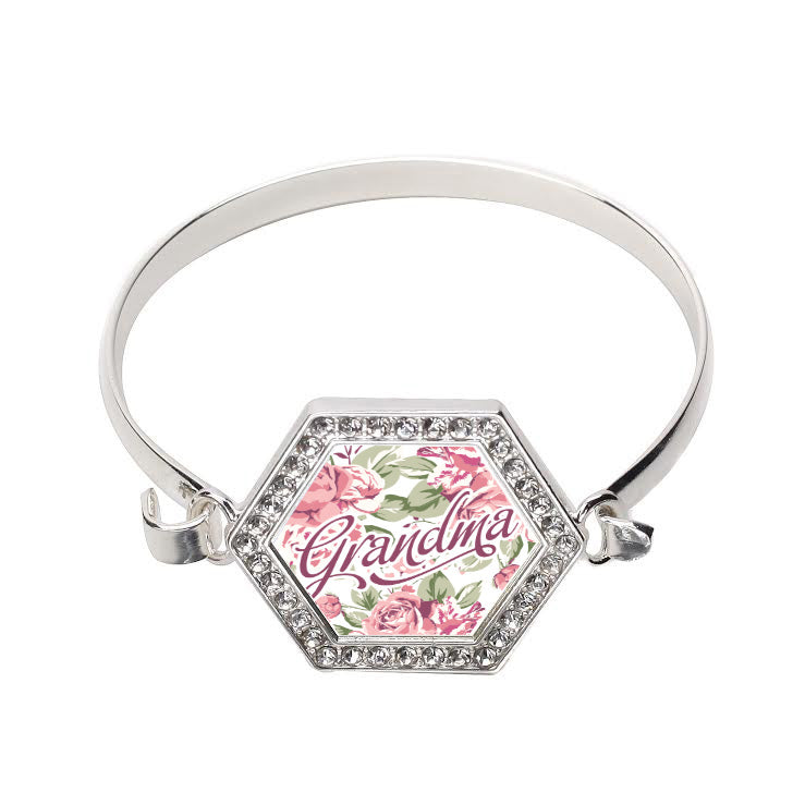 Silver Grandma Floral Hexagon Charm Bangle Bracelet