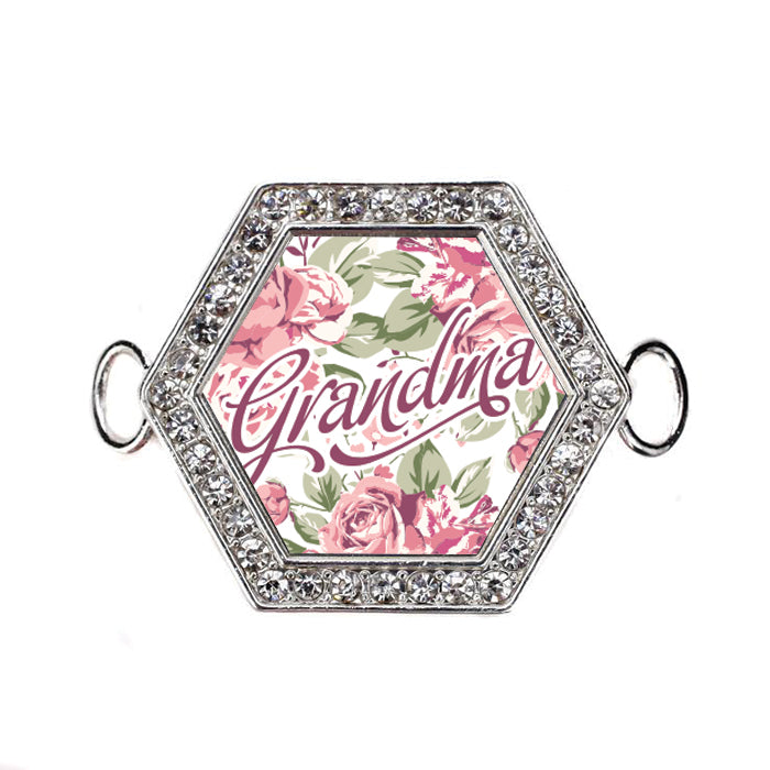 Silver Grandma Floral Hexagon Charm Bangle Bracelet