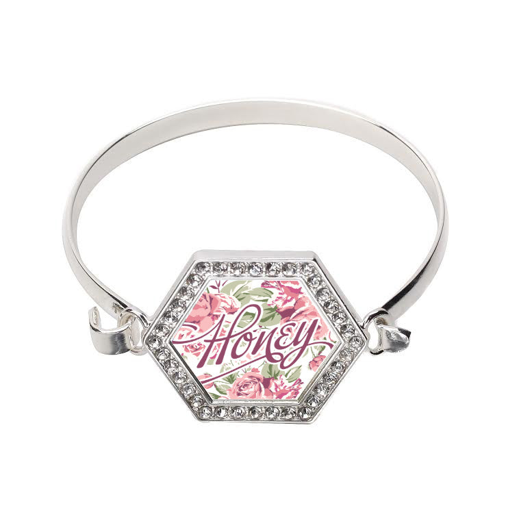 Silver Honey Floral Hexagon Charm Bangle Bracelet