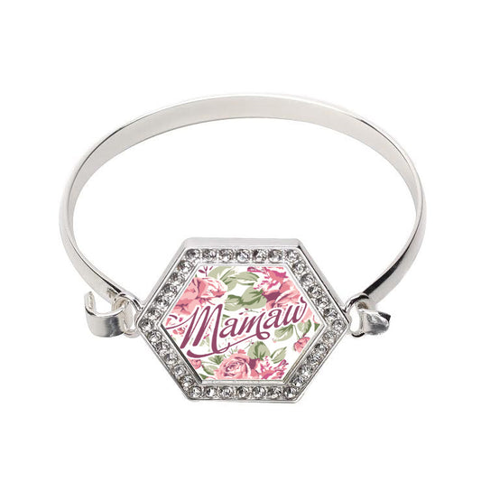 Silver Mamaw Floral Hexagon Charm Bangle Bracelet