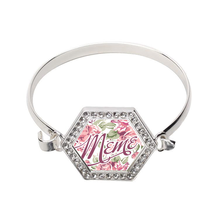 Silver Meme Floral Hexagon Charm Bangle Bracelet