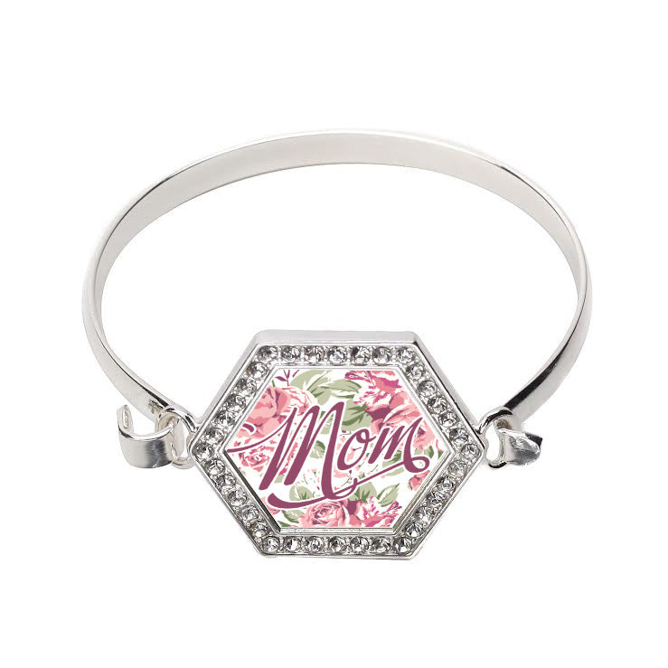 Silver Mom Floral Hexagon Charm Bangle Bracelet