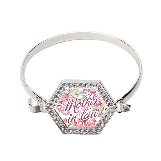 Silver Mother In Law Floral Hexagon Charm Bangle Bracelet