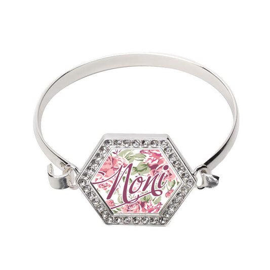 Silver Noni Floral Hexagon Charm Bangle Bracelet