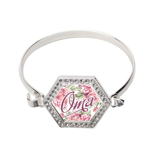 Silver Oma Floral Hexagon Charm Bangle Bracelet