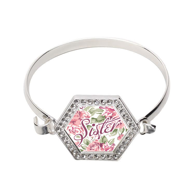 Silver Sister Floral Hexagon Charm Bangle Bracelet