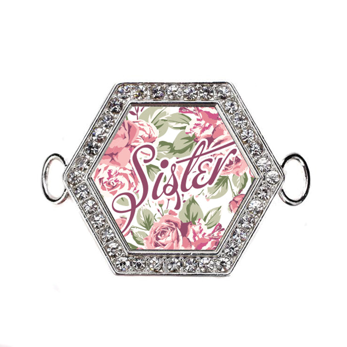 Silver Sister Floral Hexagon Charm Bangle Bracelet