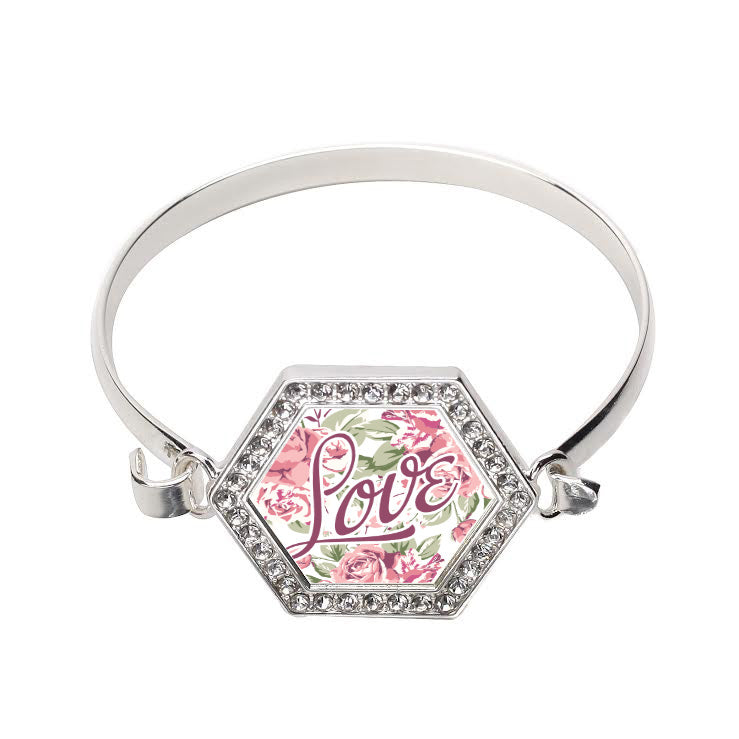 Silver Love Floral Hexagon Charm Bangle Bracelet