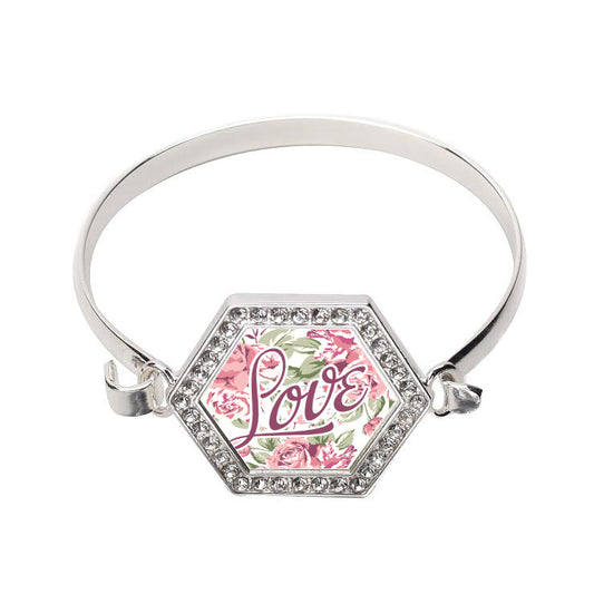 Silver Love Floral Hexagon Charm Bangle Bracelet