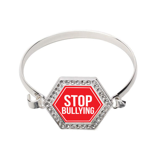 Silver Stop Bullying Hexagon Charm Bangle Bracelet