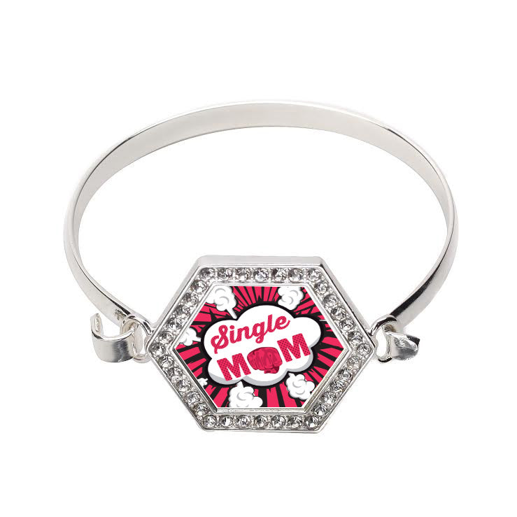 Silver Single Mom Hexagon Charm Bangle Bracelet
