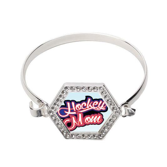 Silver Hockey Mom Hexagon Charm Bangle Bracelet