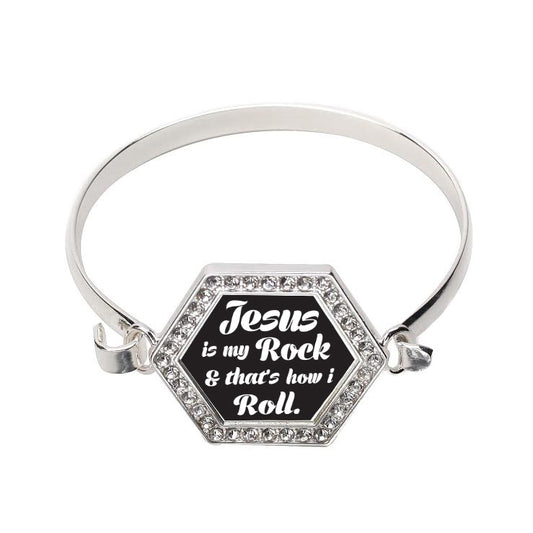 Silver Jesus Is My Rock Hexagon Charm Bangle Bracelet