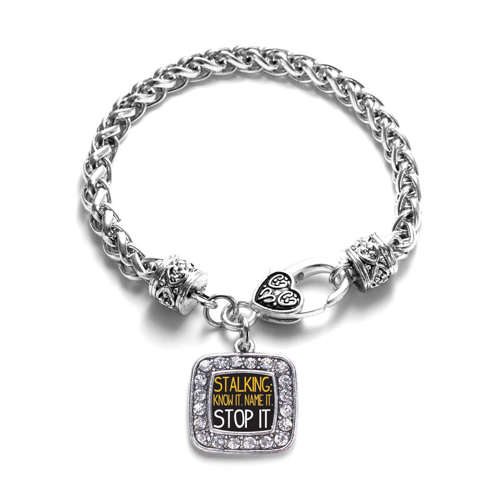 Silver Stalker Awareness Square Charm Braided Bracelet