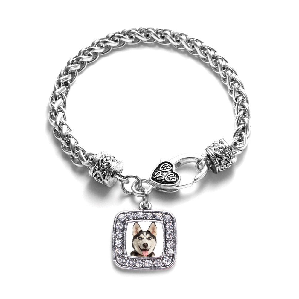 Silver Siberian Husky Square Charm Braided Bracelet