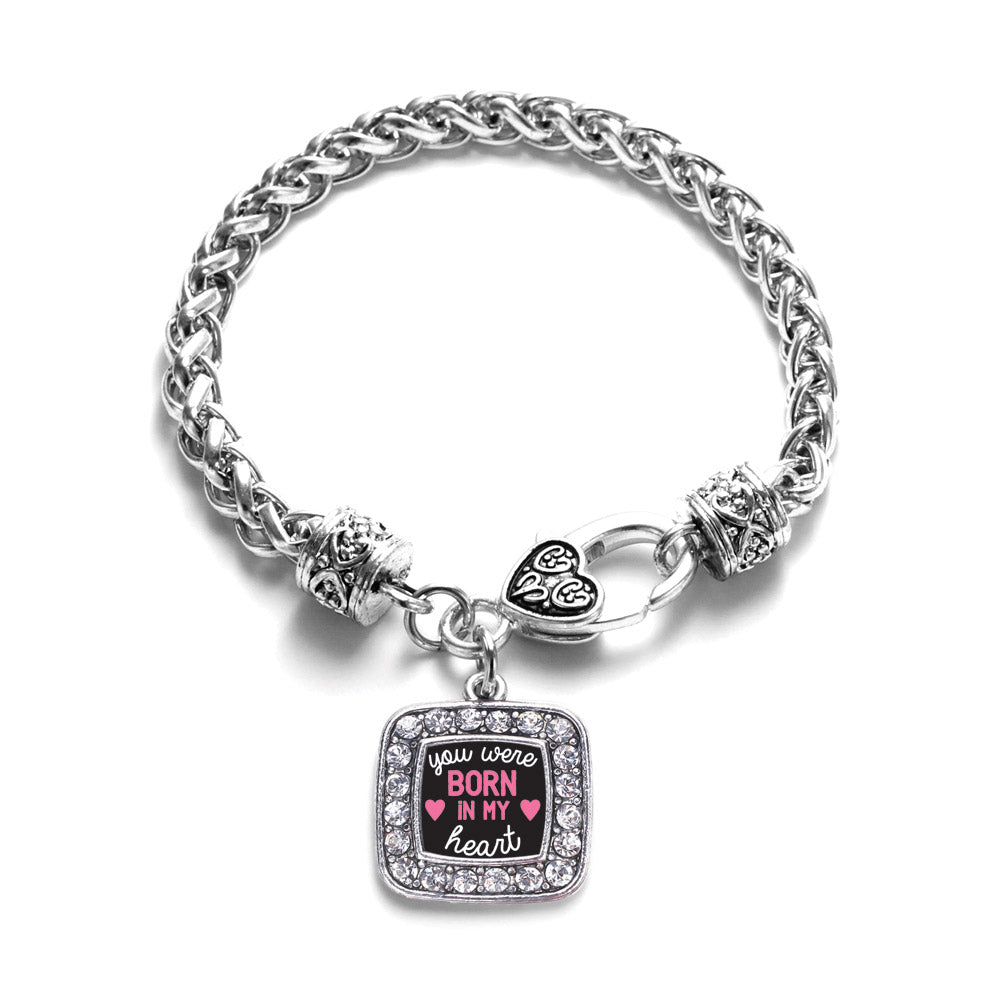 Silver Were Born In My Heart Square Charm Braided Bracelet