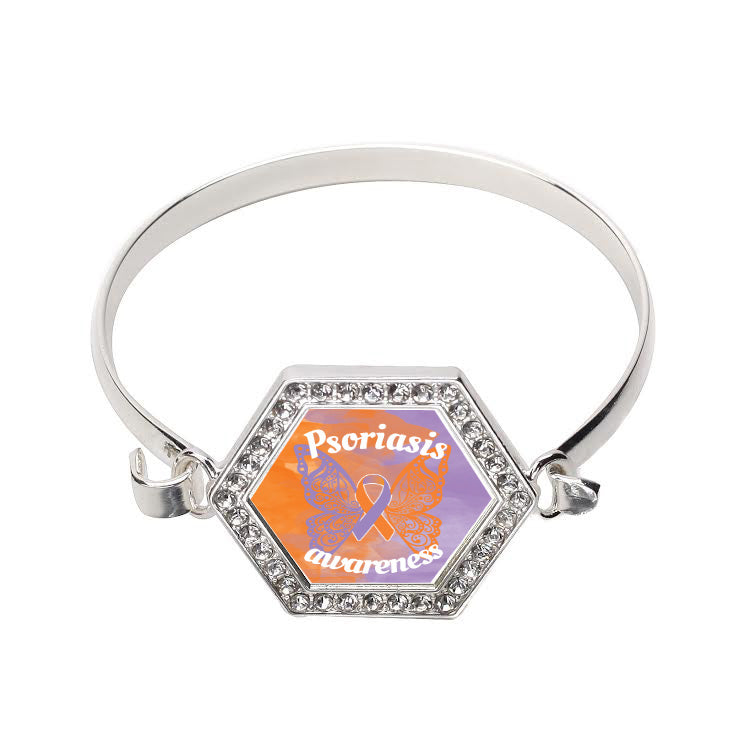 Silver Psoriasis Awareness Hexagon Charm Bangle Bracelet