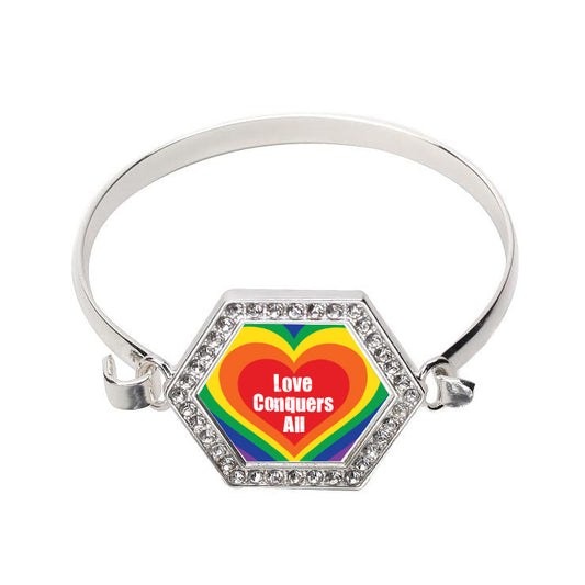 Silver Love Conquers All Hexagon Charm Bangle Bracelet