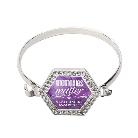 Silver Memories Matter Alzheimers Awareness Hexagon Charm Bangle Bracelet