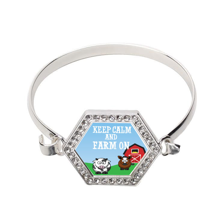 Silver Keep Calm And Farm On Hexagon Charm Bangle Bracelet