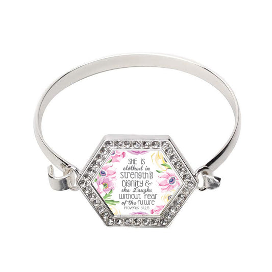 Silver Clothed In Strength Without Fear Proverbs 31:25 Hexagon Charm Bangle Bracelet