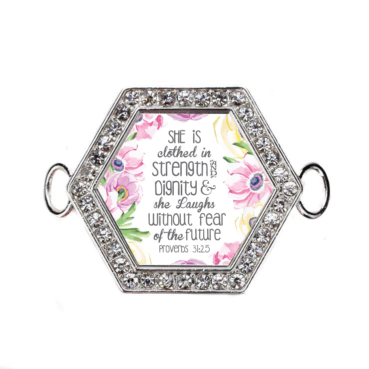 Silver Clothed In Strength Without Fear Proverbs 31:25 Hexagon Charm Bangle Bracelet