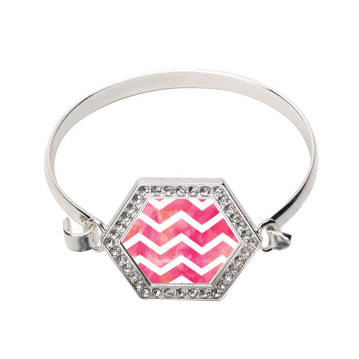 Silver Pink Chevron Hexagon Charm Bangle Bracelet