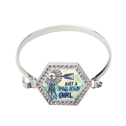 Silver Small Town Girl Hexagon Charm Bangle Bracelet