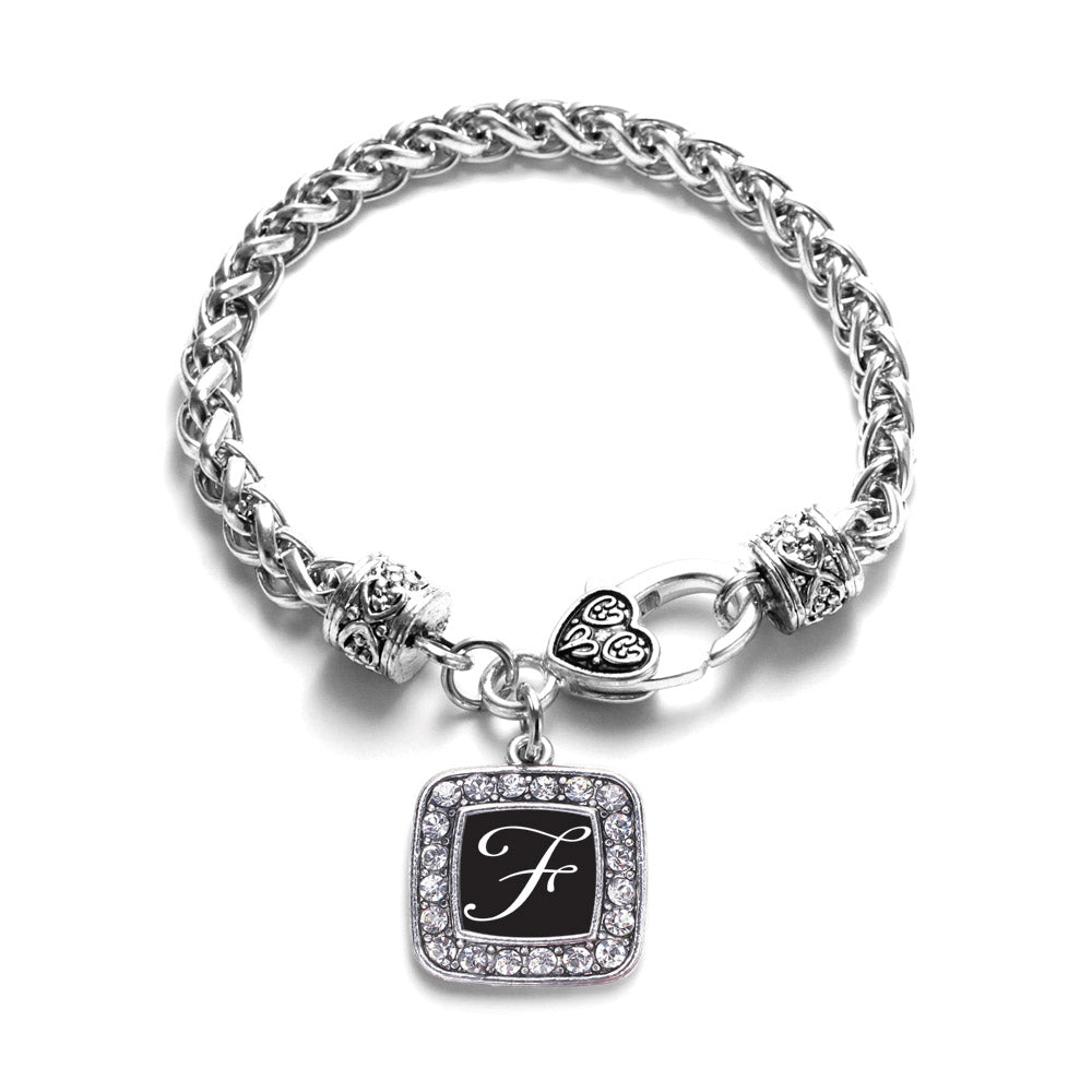 Silver My Script Initials - Letter F Square Charm Braided Bracelet