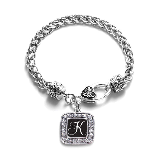 Silver My Script Initials - Letter K Square Charm Braided Bracelet