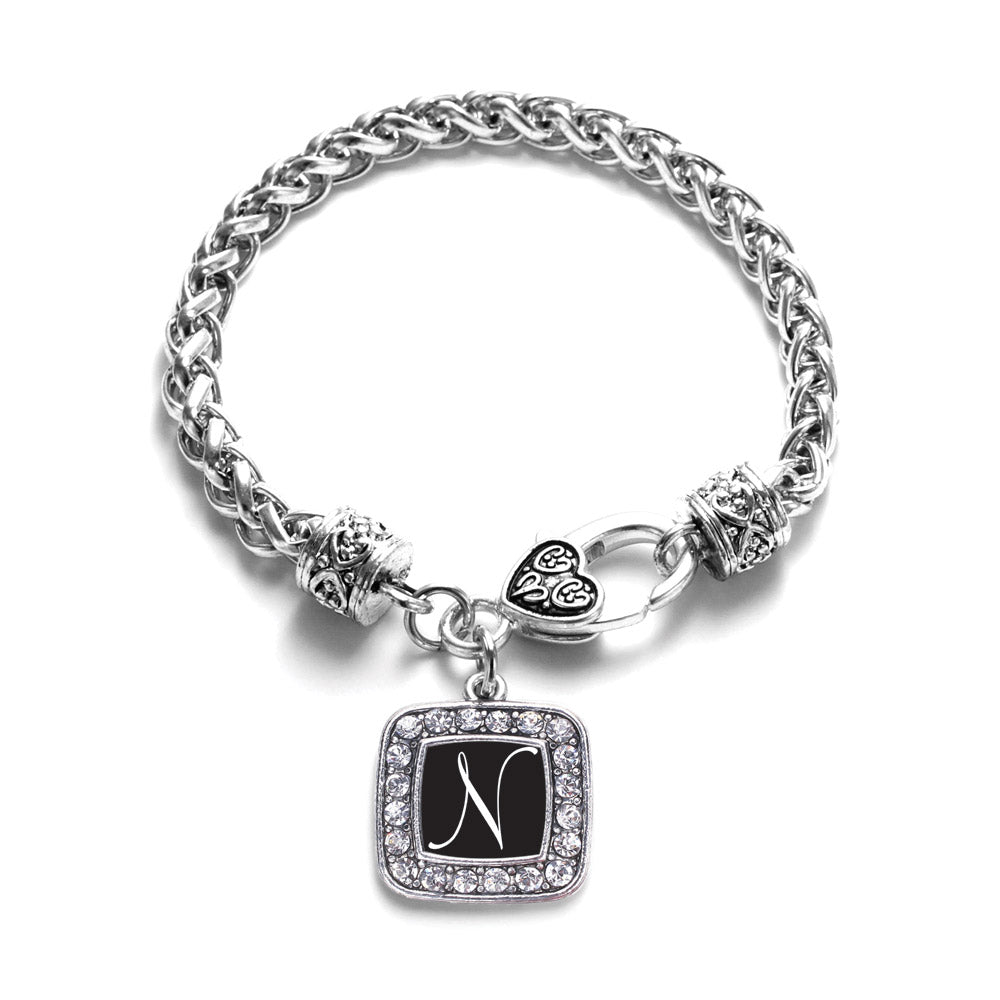 Silver My Script Initials - Letter N Square Charm Braided Bracelet