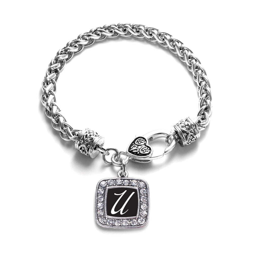 Silver My Script Initials - Letter U Square Charm Braided Bracelet