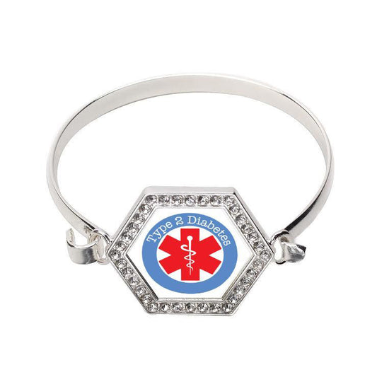 Silver Type Two Diabetes Hexagon Charm Bangle Bracelet