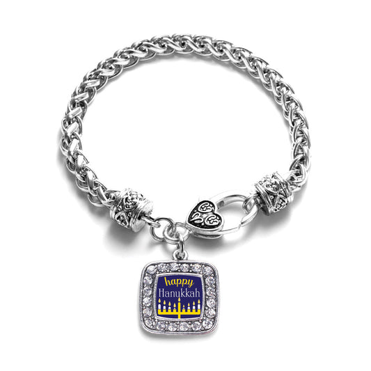 Silver Happy Hanukkah Square Charm Braided Bracelet